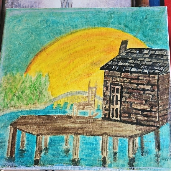 Rustic Lakeside Cabin Art with Vibrant Sunset - Picture 1 of 1
